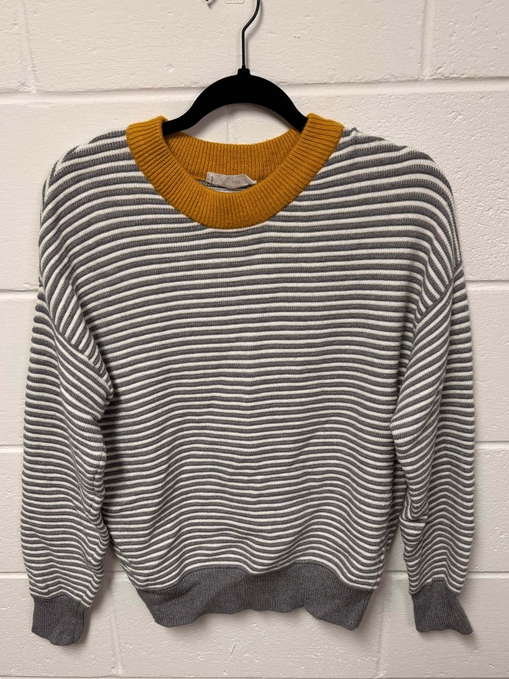 Gray & White Striped Crewneck with Mustard Collar